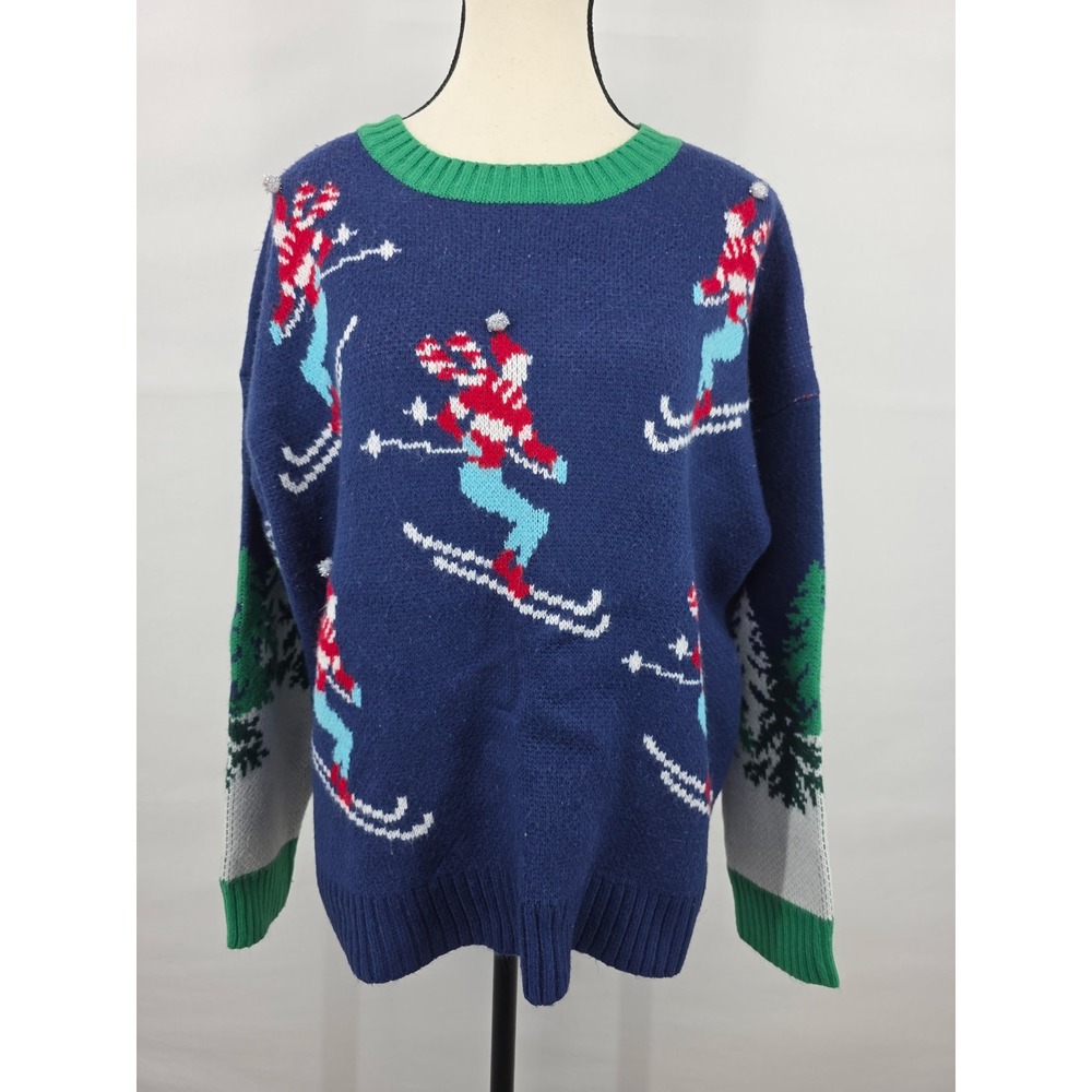 33 Degrees Mens Blue Ski Scene Ugly Christmas Sweater Pom Poms Large
